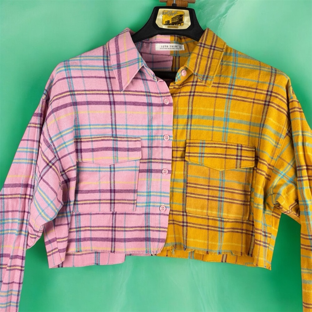 12th Tribe Colorblock Plaid Cropped Button Up Flannel Raw Hem Small - Picture 3 of 7